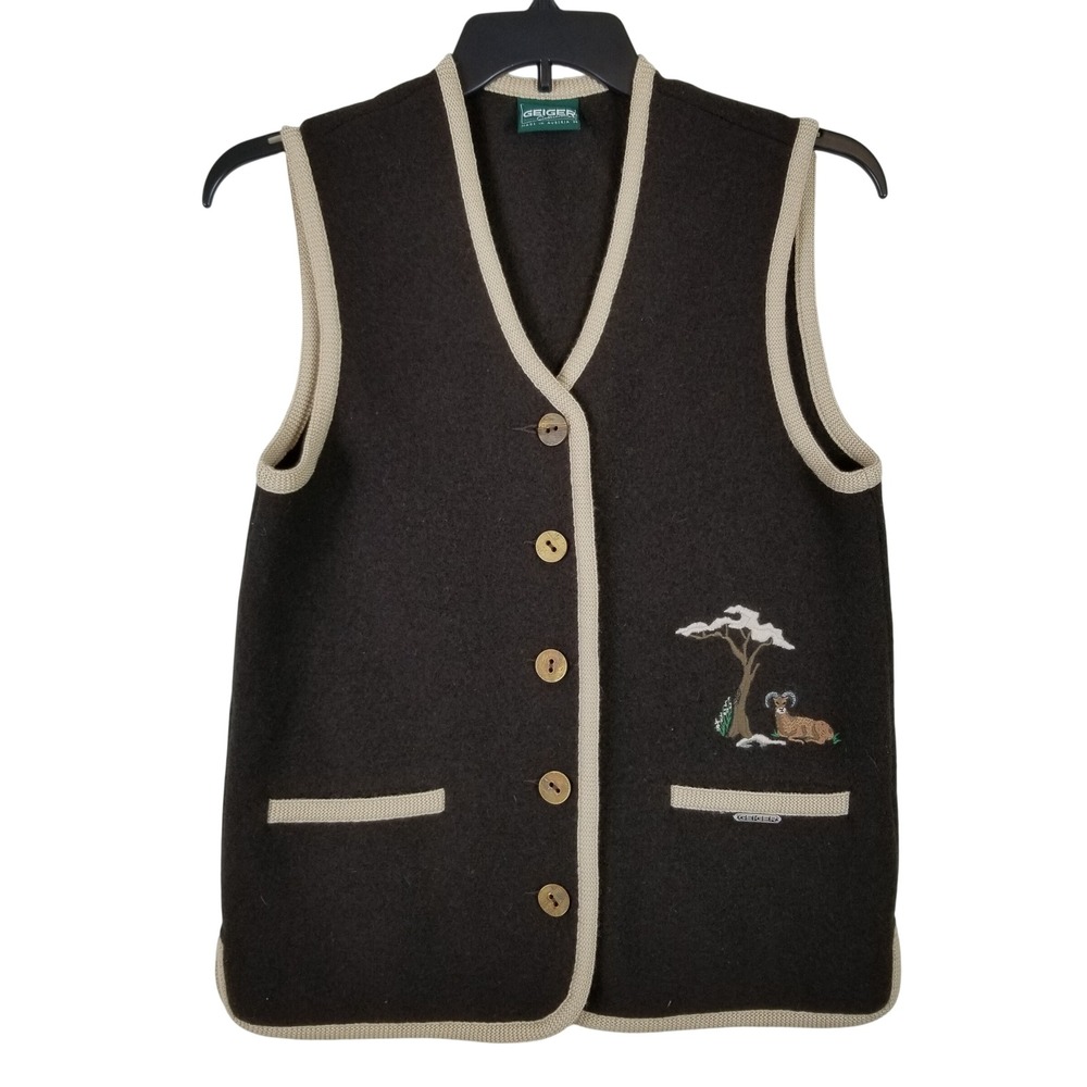 Geiger Austria Boiled Wool Vest Brown Embroidered Ram Deer Alpine Women 36 S